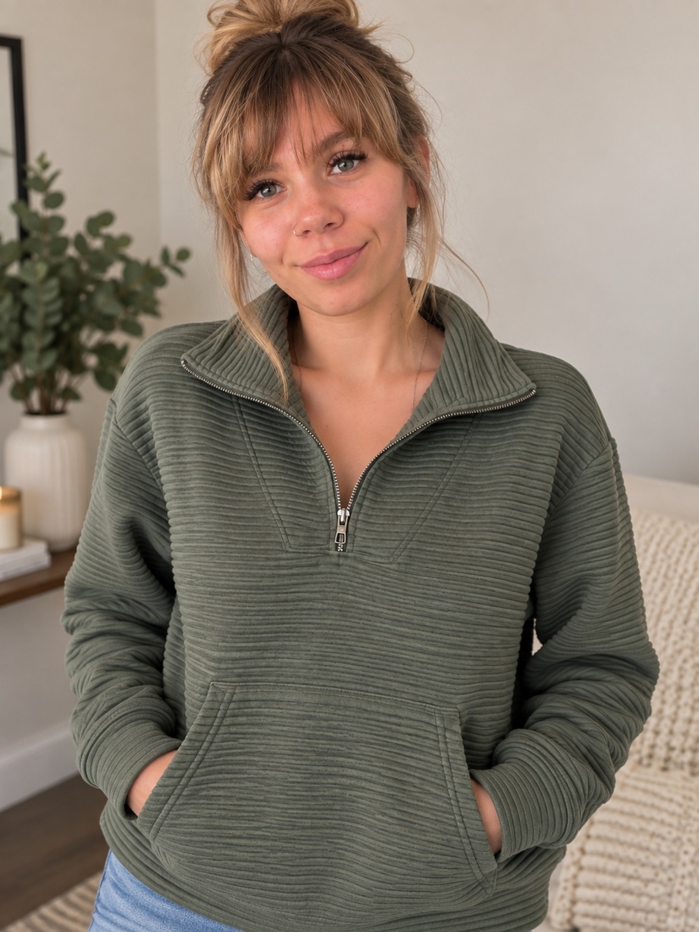 Kirkland Signature Olive Ribbed Half-Zip Pullover